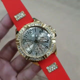 Guess Frontier Diamonds Gold Dial Red Rubber Strap Watch for Women - GW0045L2 Buy Now By Guess