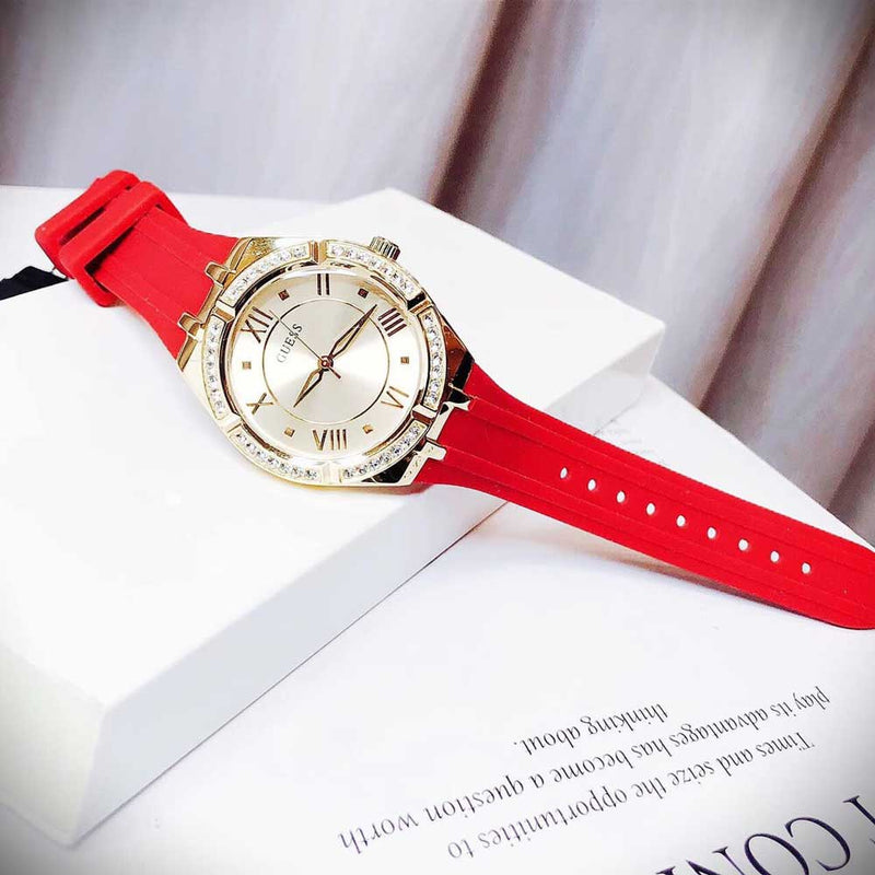 Guess Cosmo Diamonds Gold Dial Red Rubber Strap Watch for Women - GW0034L6 Buy Now By Guess
