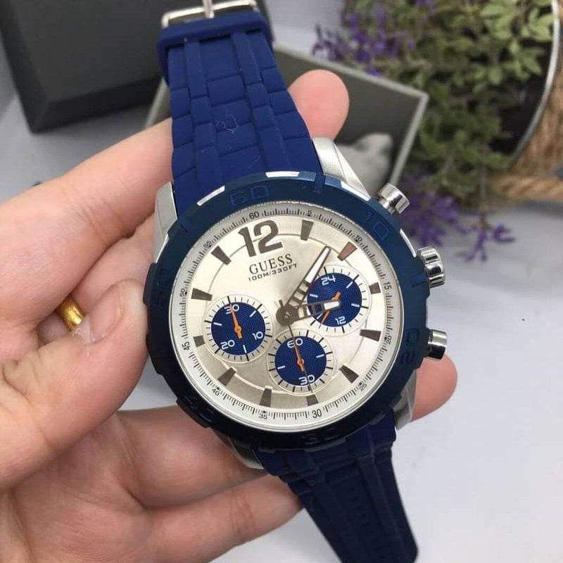 Guess Caliber Chronograph White Dial Blue Rubber Strap Watch for Men - W0864G6 Buy Now By Guess