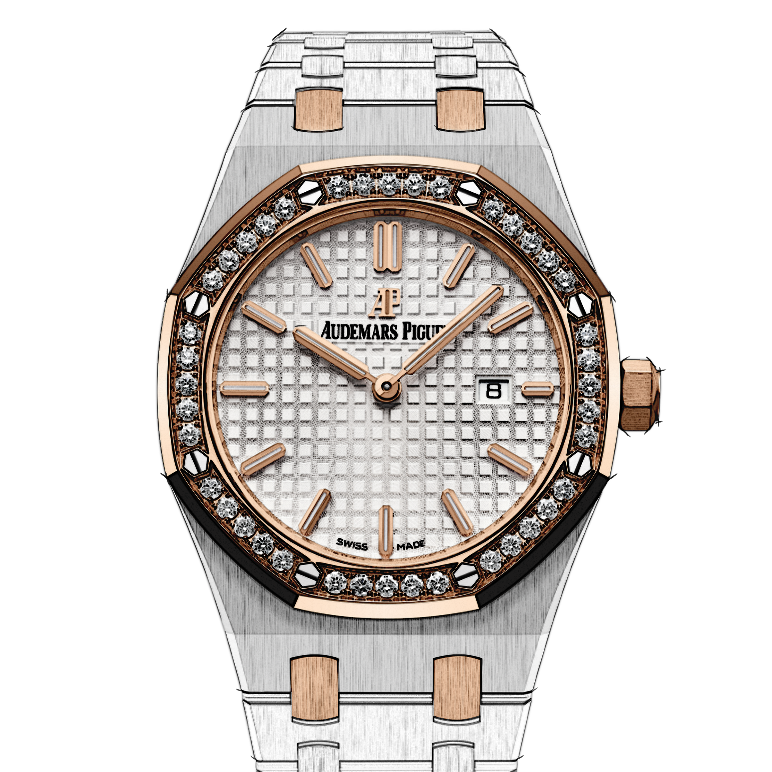 Audemars Piguet Royal Oak Quartz Diamonds White Dial Two Tone Steel Strap Watch for Women - 67651SR.ZZ.1261SR.01