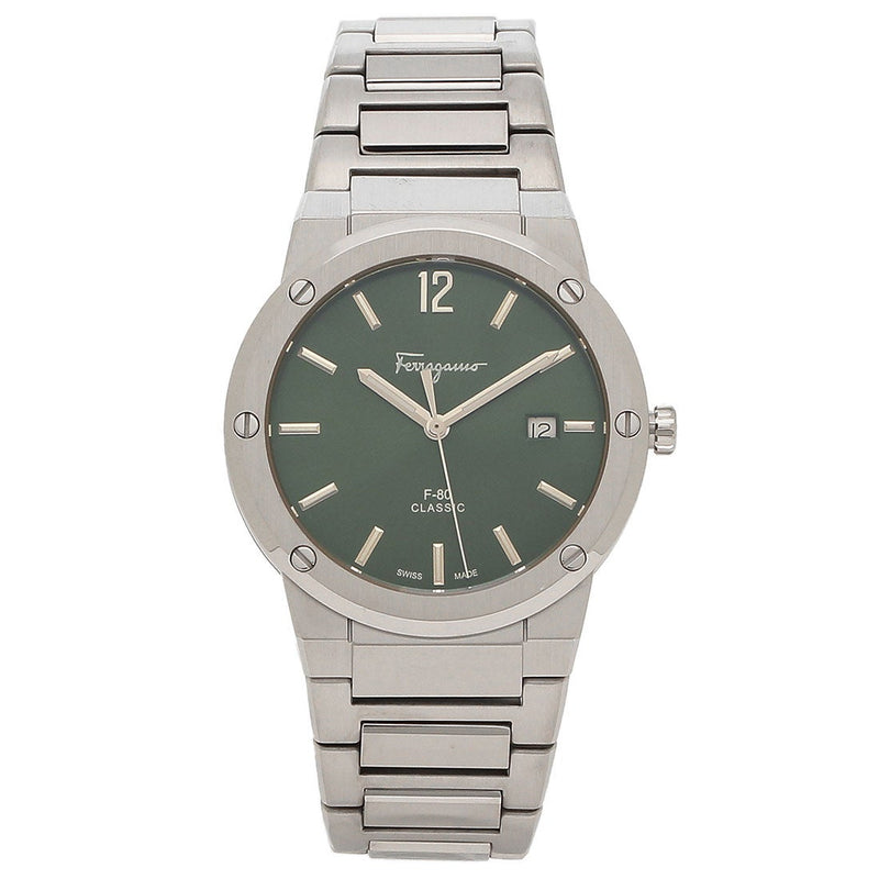 Shop Salvatore Ferragamo F-80 Classic Green Dial Silver Steel Strap Watch for Men - SFDT02123 in USA