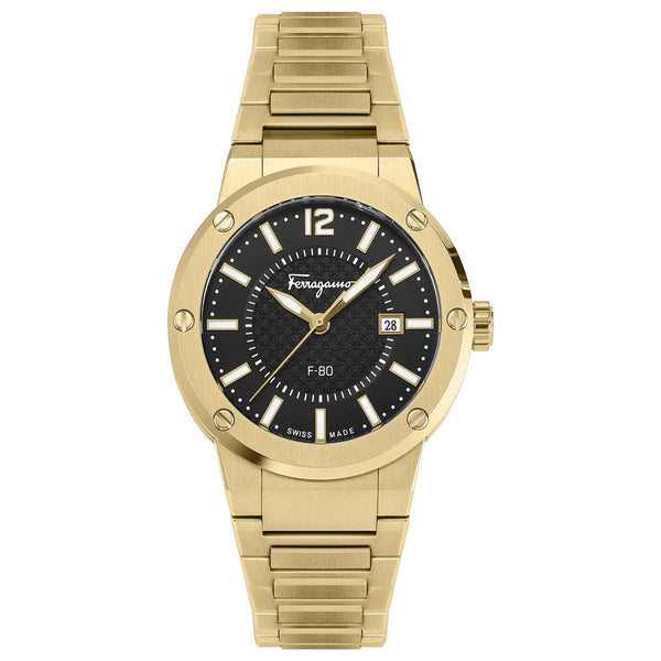 Shop Salvatore Ferragamo F-80 Classic Black Dial Gold Steel Strap Watch for Men - SFHY00821 in USA