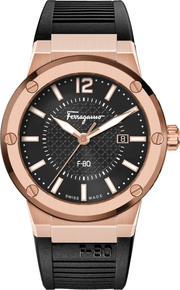 Shop Salvatore Ferragamo F-80 Classic Black Dial Black Rubber Strap Watch for Men - SFHY02522 in USA