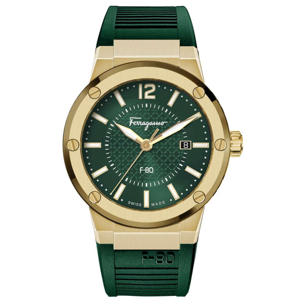 Shop Salvatore Ferragamo F-80 Classic Green Dial Green Rubber Strap Watch for Men - SFHY02022 in USA