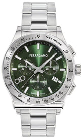 Shop Salvatore Ferragamo 1927 Chrono Green Dial Silver Steel Strap Watch for Men - SFKZ00423 in USA