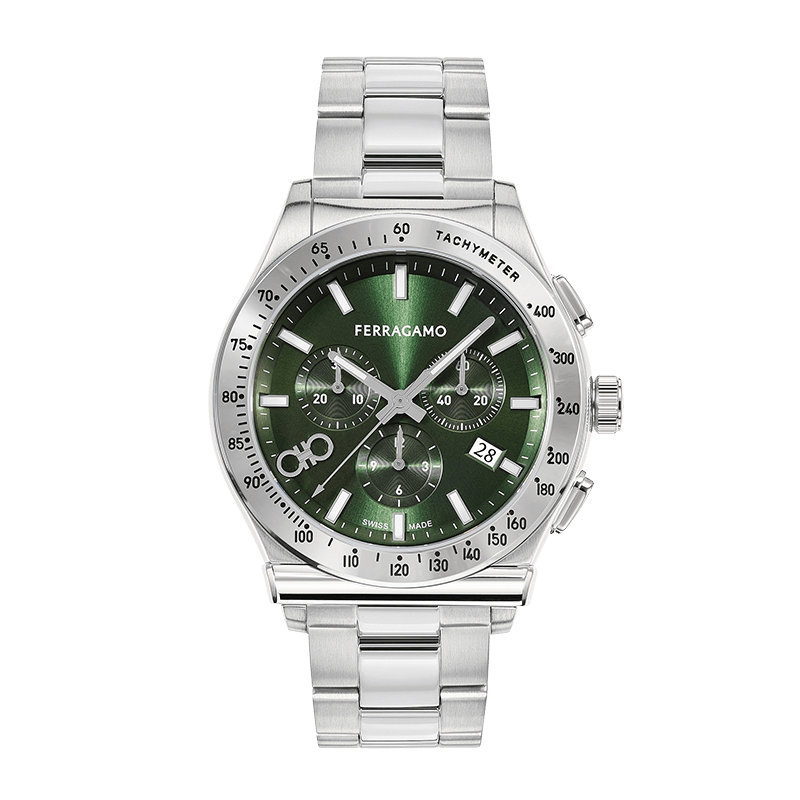 Shop Salvatore Ferragamo 1927 Chrono Green Dial Silver Steel Strap Watch for Men - SFKZ00423 in USA