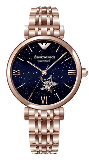 Emporio Armani Meccanico Gianni T Bar Blue Dial Rose Gold Steel Strap Watch For Women - AR60043