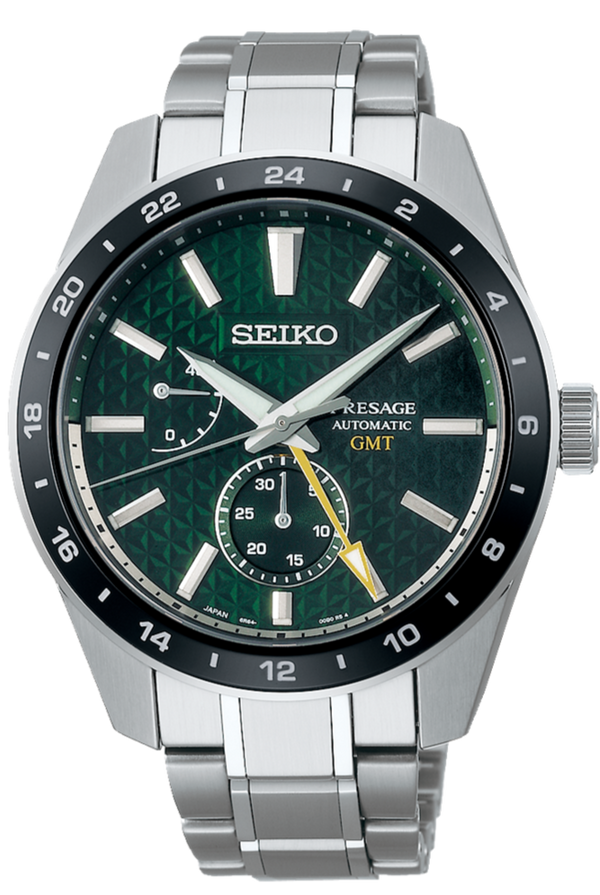 Seiko Presage Sharp Edged Series GMT Green Dial Silver Steel Strap Watch For Men - SPB219J1