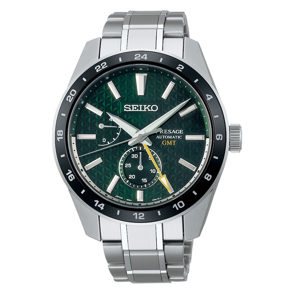 Seiko Presage Sharp Edged Series GMT Green Dial Silver Steel Strap Watch For Men - SPB219J1