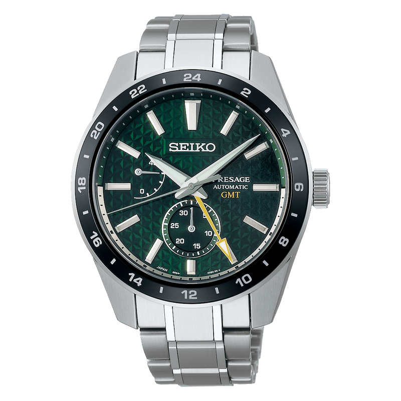 Shop Seiko Presage Sharp Edged Series GMT Green Dial Silver Steel Strap Watch For Men - SPB219J1 in USA