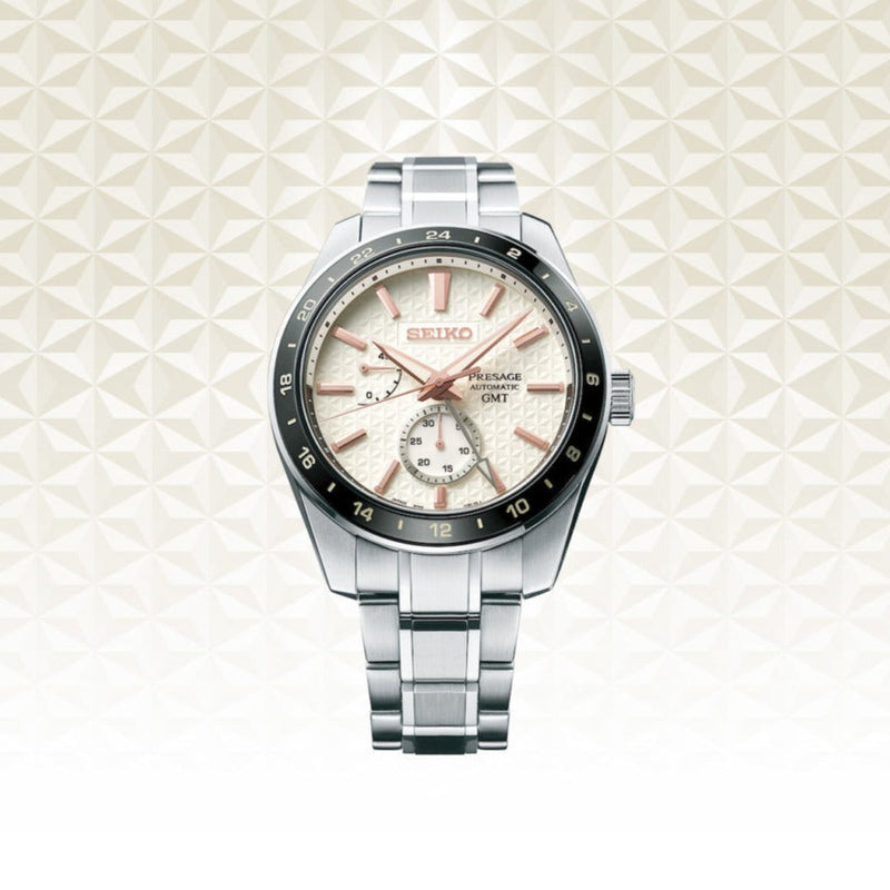 Shop Seiko Presage Sharp Edged Series Automatic GMT Champagne Dial Silver Steel Strap Watch For Men - SPB273J1 in USA