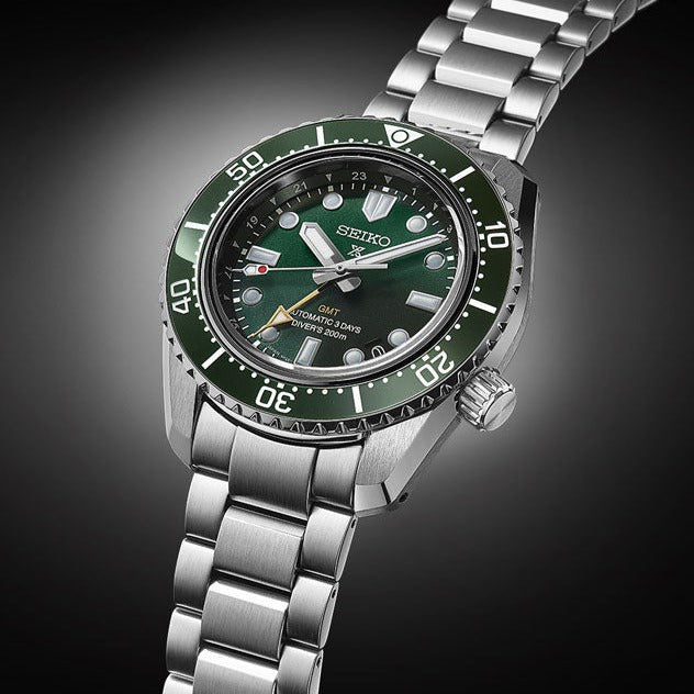 Shop Seiko Prospex GMT Divers Automatic Marine Green Dial Silver Steel Strap Watch For Men - SPB381J1 in USA