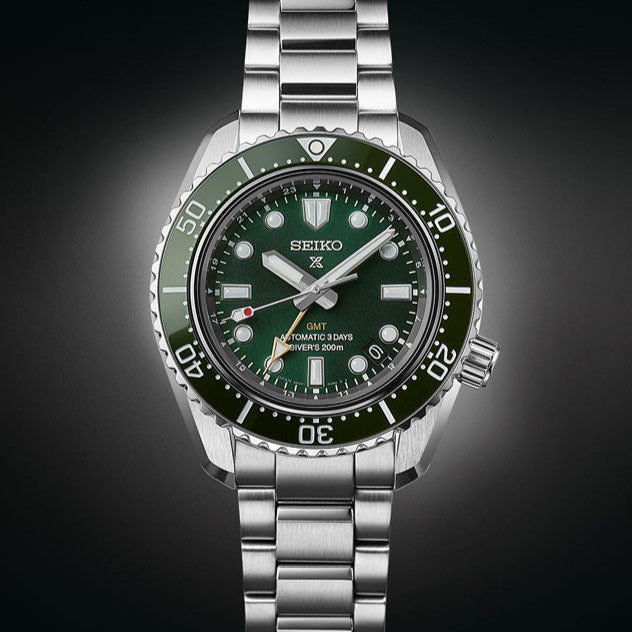 Shop Seiko Prospex GMT Divers Automatic Marine Green Dial Silver Steel Strap Watch For Men - SPB381J1 in USA