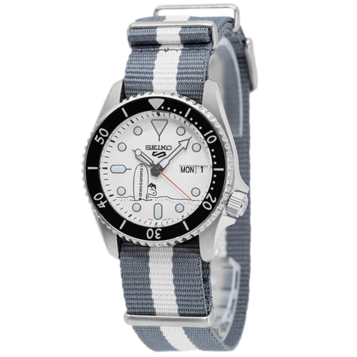 Shop Seiko 5 Sports x Peanuts Surfboard Snoopy Limited Edition White Dial Two Tone NATO Strap Watch For Men - SRPK25K1 in USA