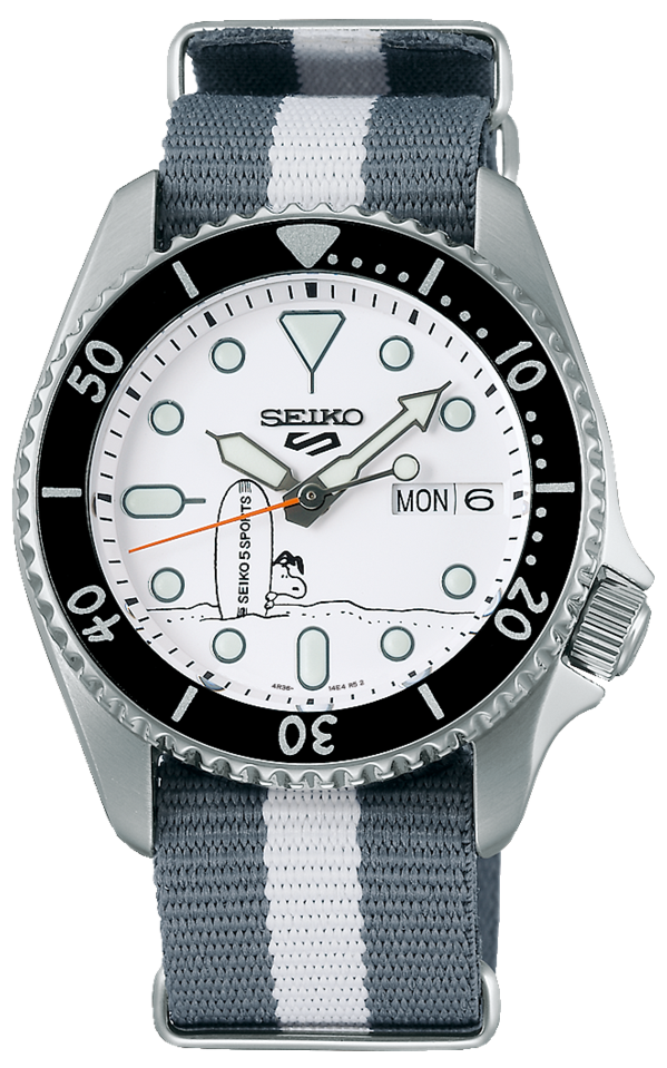 Shop Seiko 5 Sports x Peanuts Surfboard Snoopy Limited Edition White Dial Two Tone NATO Strap Watch For Men - SRPK25K1 in USA