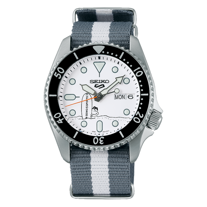 Seiko 5 Sports x Peanuts Surfboard Snoopy Limited Edition White Dial Two Tone NATO Strap Watch For Men - SRPK25K1 Buy Now By Seiko