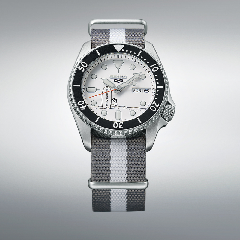Seiko 5 Sports x Peanuts Surfboard Snoopy Limited Edition White Dial Two Tone NATO Strap Watch For Men - SRPK25K1 Buy Now By Seiko