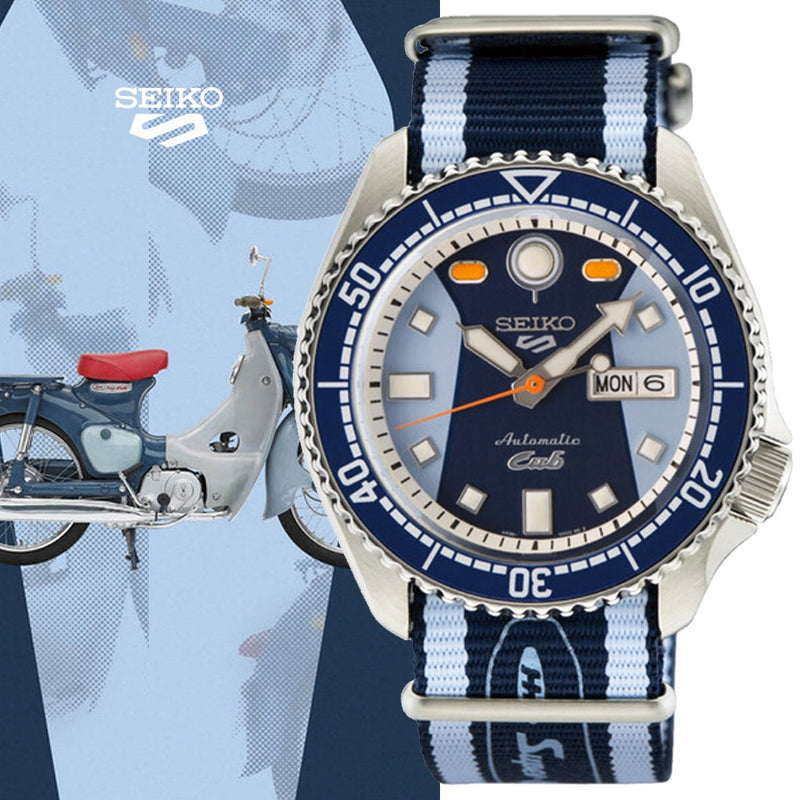 Shop Seiko 5 Sports Honda Super Cub Limited Edition Blue Dial Two Tone NATO Strap Watch For Men - SRPK37K1 in USA