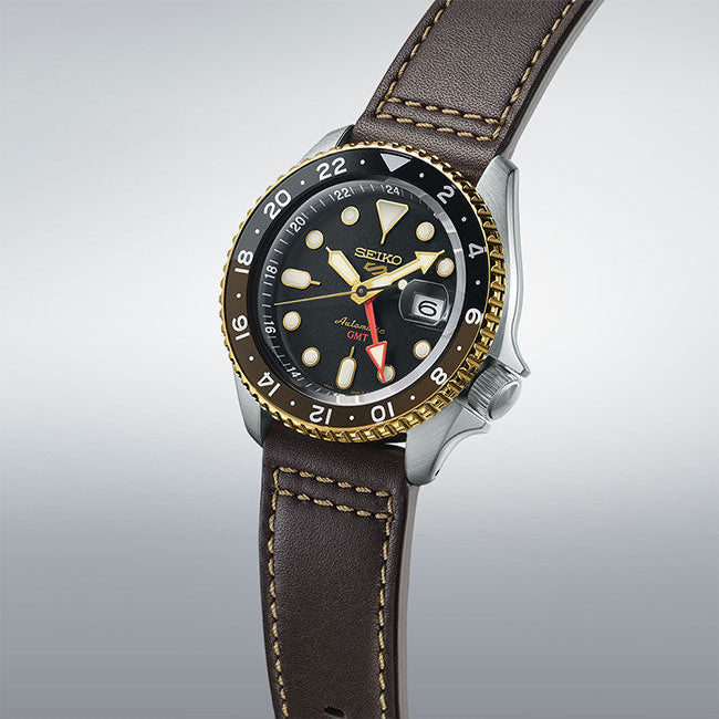 Seiko 5 Sports SKX GMT Automatic Mocha Black Dial Brown Leather Strap Watch For Men - SSK036K1 Buy Now By Seiko
