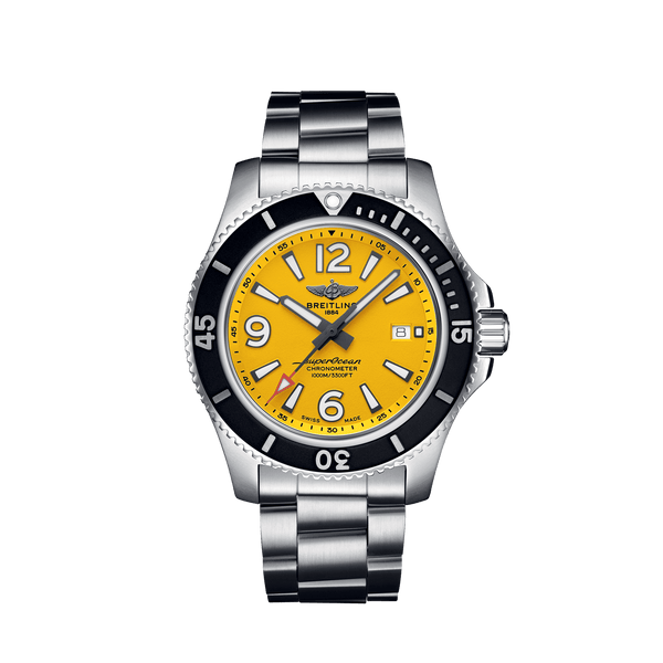 Breitling Superocean Automatic 44mm Yellow Dial Silver Steel Strap Watch for Men - A17375211/1A1