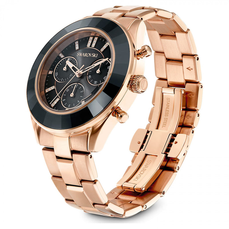 Shop Swarovski Octea Lux Sport Chronograph Black Dial Rose Gold Steel Strap Watch for Women - 5610478 in USA
