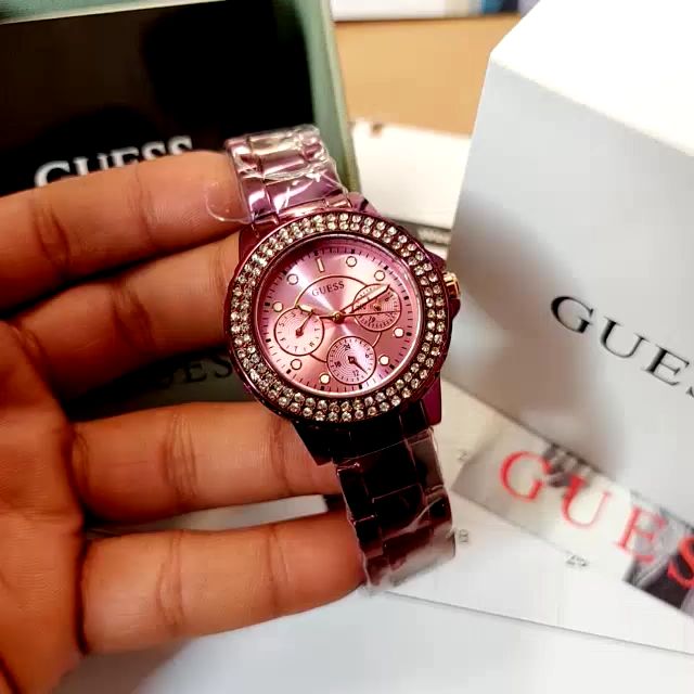 Shop Guess Crown Jewel Diamonds Purple Dial Purple Steel Strap Watch for Women - GW0410L4 in USA