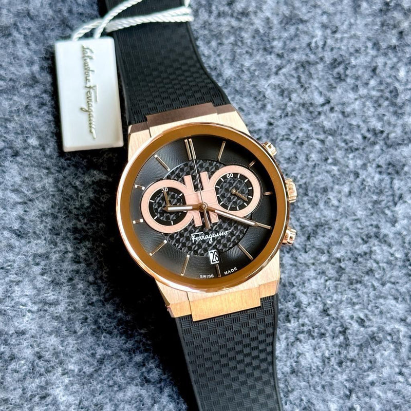 Shop Salvatore Ferragamo Sapphire Chrono Black Dial Black Rubber Strap Watch for Men - SFME00721 in USA