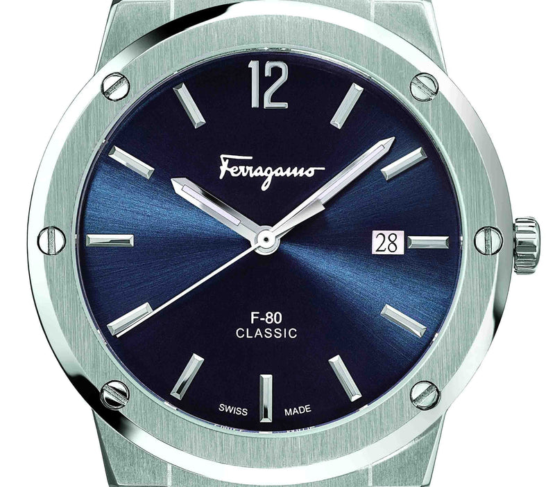Shop Salvatore Ferragamo F-80 Classic Blue Dial Silver Steel Strap Watch for Men - SFDT01320 in USA