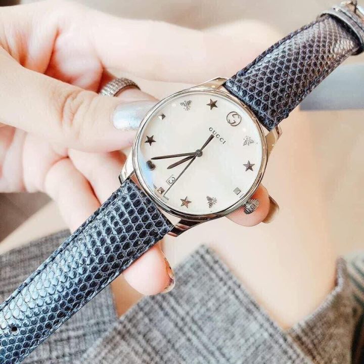 Gucci G-Timeless Signature Mother of Pearl Silver Dial Blue Leather Strap Watch For Women - YA1264049 Buy Now By Gucci