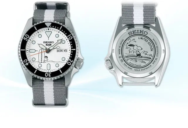 Seiko 5 Sports x Peanuts Surfboard Snoopy Limited Edition White Dial Two Tone NATO Strap Watch For Men - SRPK25K1 Buy Now By Seiko