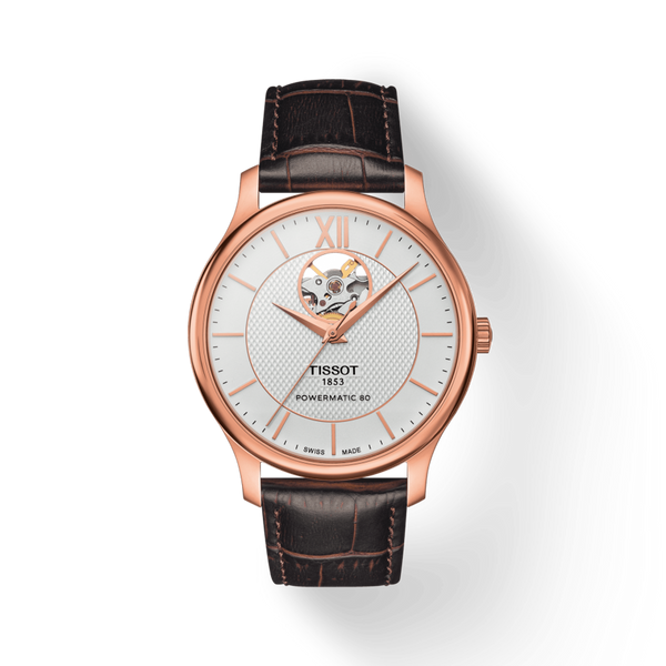 Tissot Tradition Powermatic 80 Open Heart Silver Dial Brown Leather Strap Watch For Men - T063.907.36.038.00 Buy Now By Tissot