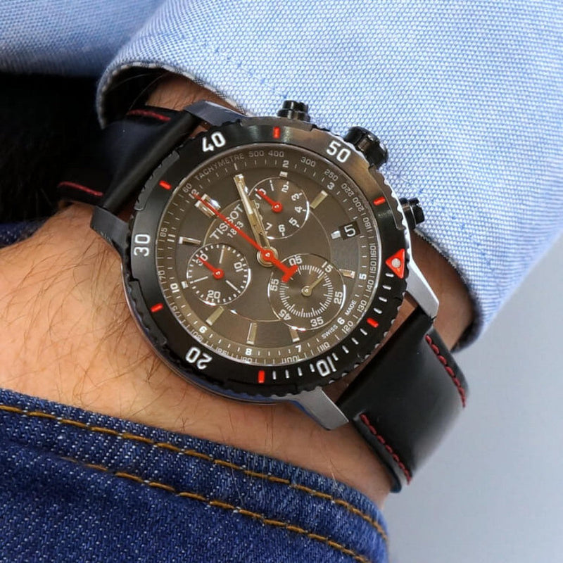 Tissot T Sport PRS 200 Chronograph Grey Dial Black Leather Strap Watch For Men - T067.417.26.051.00 Buy Now By Tissot