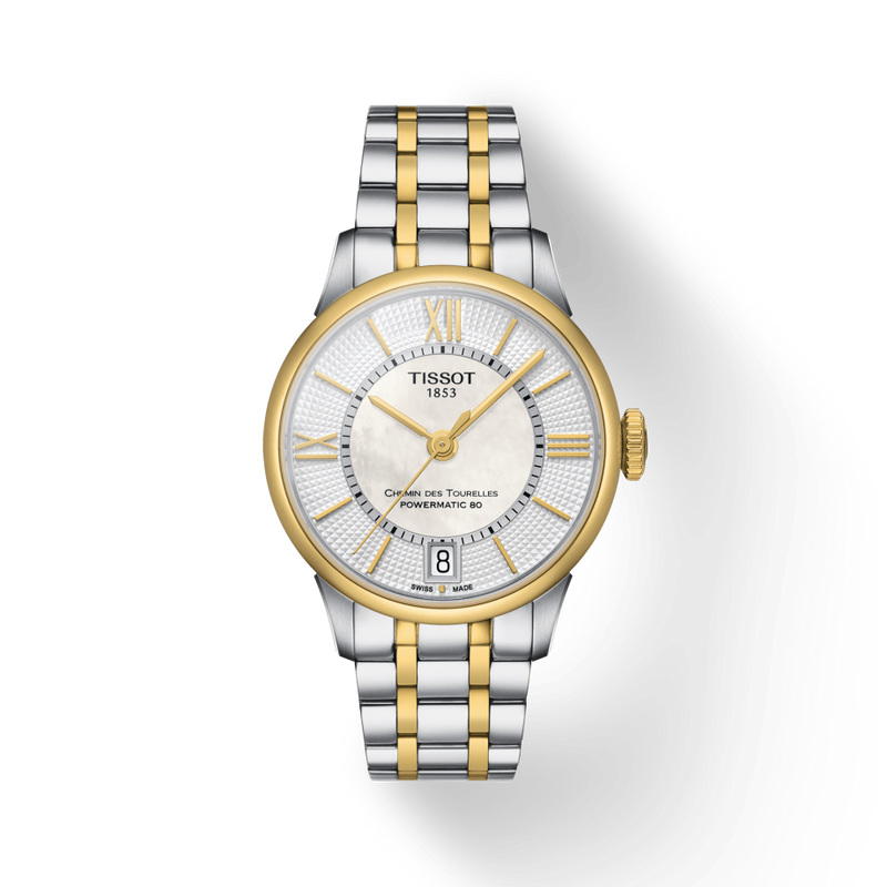 Tissot Chemin Des Tourelles Powermatic 80 Lady Mother of Pearl White Dial Two Tone Steel Strap Watch For Women - T099.207.22.118.00 Buy Now By Tissot