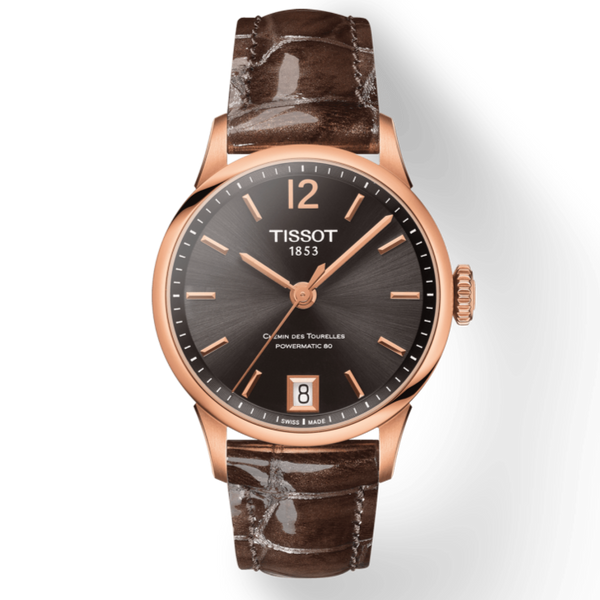 Tissot Chemin Des Tourelles Powermatic 80 Lady Brown Dial Brown Leather Strap Watch For Women - T099.207.36.447.00