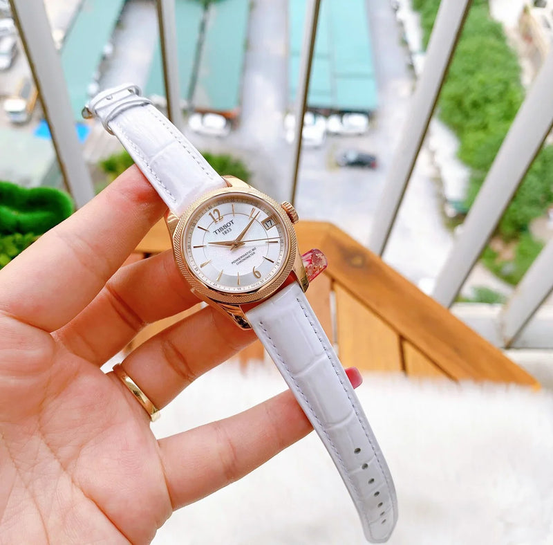 Tissot T-Classic Powermatic 80 Mother of Pearl Silver Dial White Leather Strap Watch For Women - T108.208.26.117.00 Buy Now By Tissot