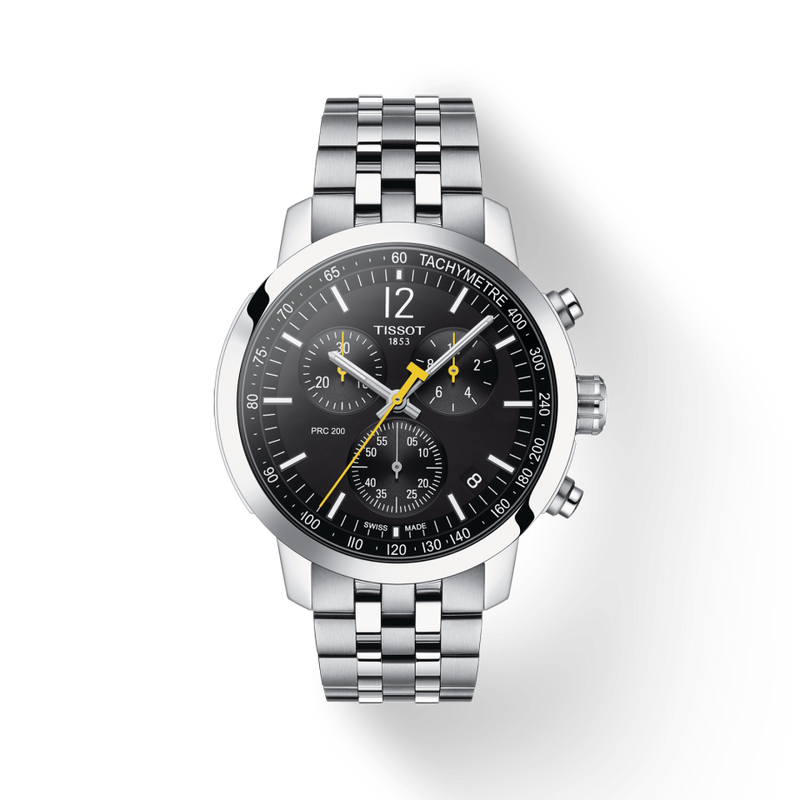 Tissot PRC 200 Chronograph Black Dial Silver Steel Strap Watch For Men - T114.417.11.057.00