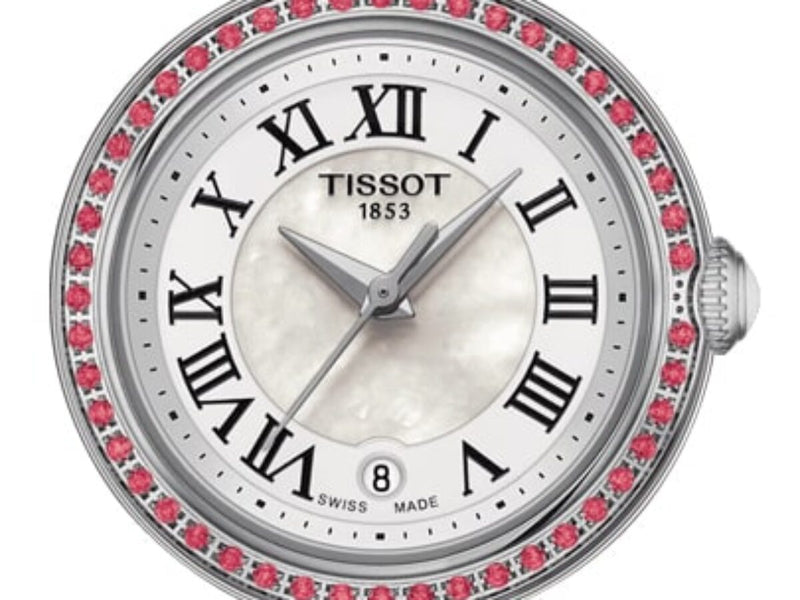 Shop Tissot Bellissima Small Lady Diamonds Mother of Pearl Dial Red Leather Strap Watch For Women - T126.010.66.113.00 in USA