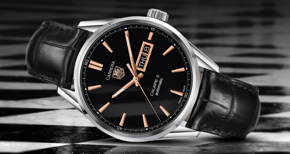 Tag Heuer Carrera Calibre 5 Automatic Black Dial Black Leather Strap Watch for Men - WAR201C.FC6266