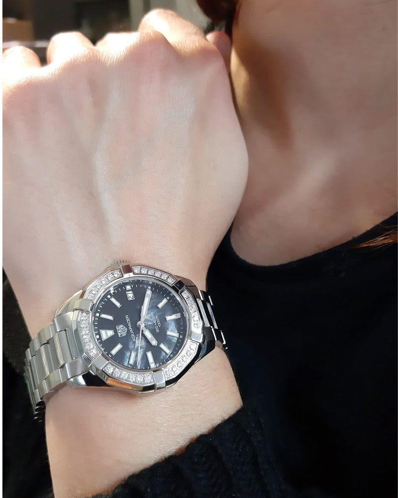 Shop Tag Heuer Aquaracer Quartz Diamonds Black Dial Silver Steel Strap Watch for Women - WAY131P.BA0748 in USA