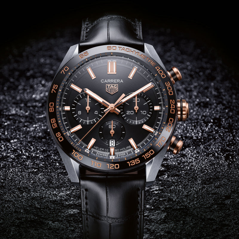 Tag Heuer Carrera Chronograph Black Dial Black Leather Strap Watch for Men - CBN2A5A.FC6481 Buy Now By Tag Heuer
