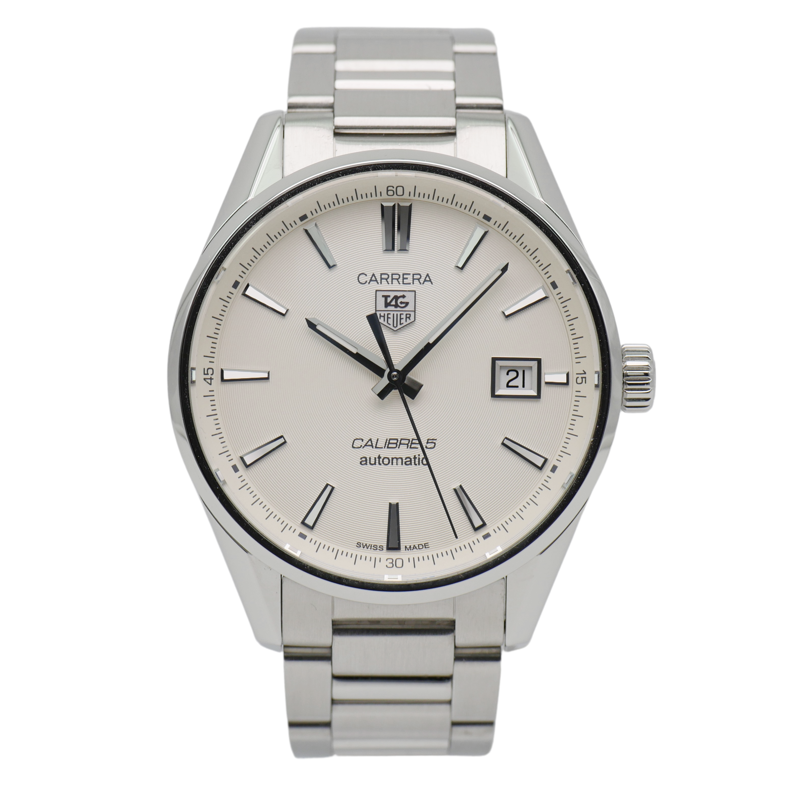 Tag Heuer Carrera Automatic Caliber 5 White Dial Silver Steel Strap Watch for Men - WAR211B.BA0782