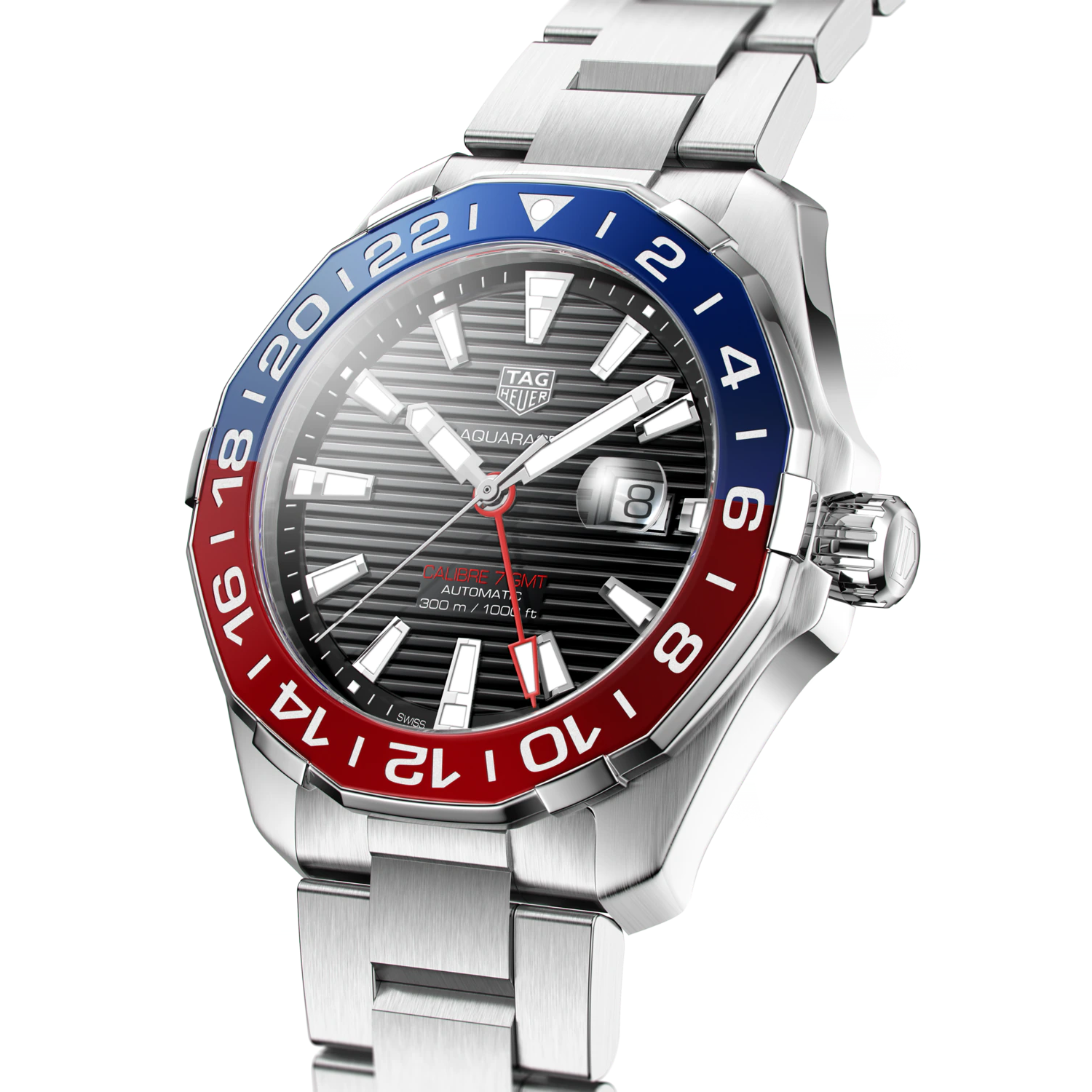 Tag Heuer Aquaracer GMT Caliber 7 Pepsi Black Dial Silver Steel Strap Watch for Men - WAY201F.BA0927