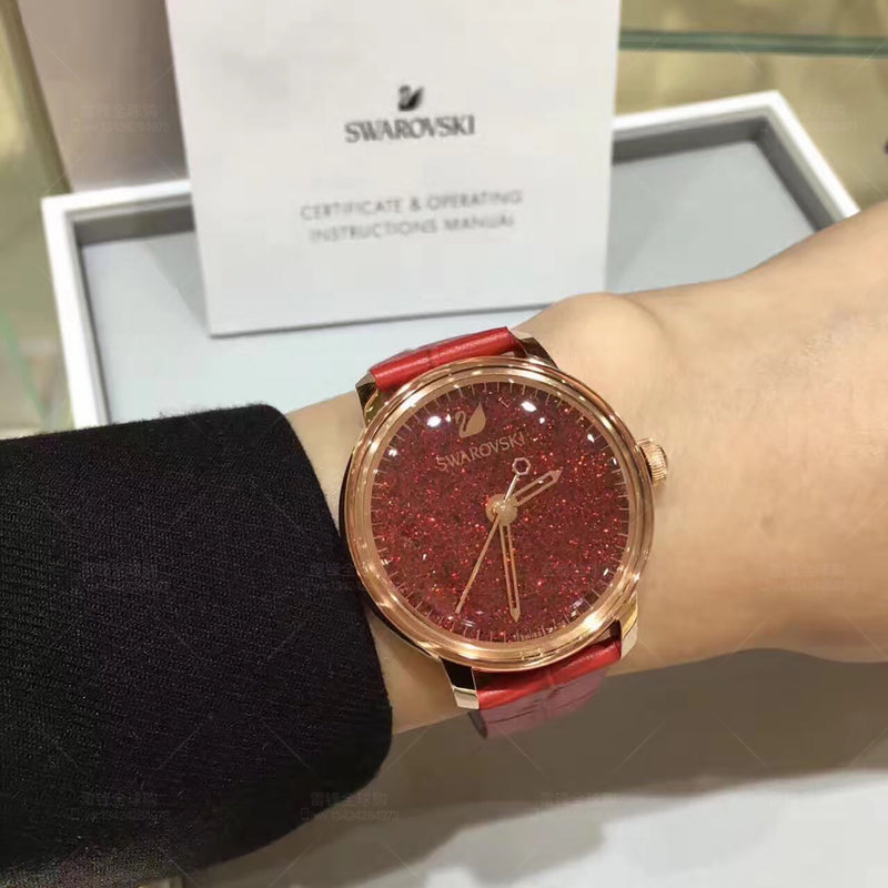 Shop Swarovski Crystalline Hours Red Crystal Dial Red Leather Strap Watch for Women - 5295380 in USA