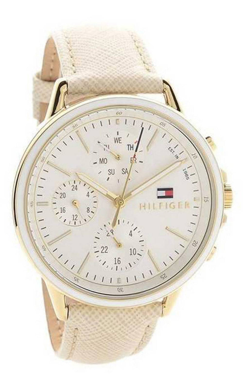 Shop Tommy Hilfiger Carly Silver Dial Cream Leather Strap Watch for Women - 1781790 in USA