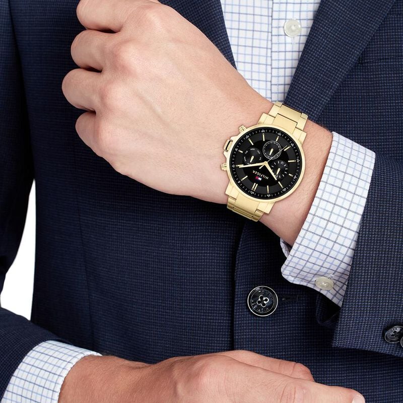 Tommy Hilfiger Tyson Chronograph Black Dial Gold Steel Strap Watch For Men - 1710589 Buy Now By Tommy Hilfiger
