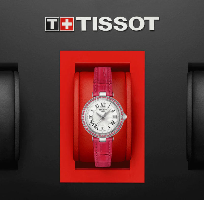 Shop Tissot Bellissima Small Lady Diamonds Mother of Pearl Dial Red Leather Strap Watch For Women - T126.010.66.113.00 in USA