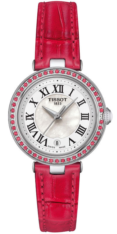Tissot Bellissima Small Lady Diamonds Mother of Pearl Dial Red Leather Strap Watch For Women - T126.010.66.113.00