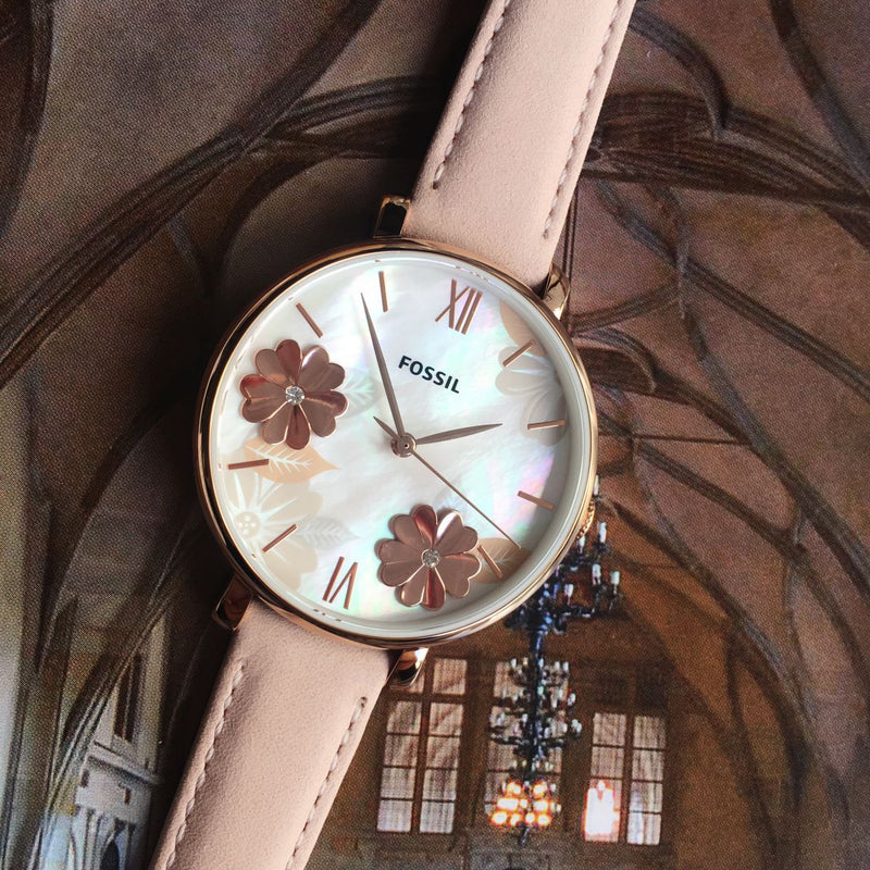 Fossil Jacqueline Three Hand Mother of Pearl Dial Pink Leather Strap Watch for Women - ES4671 Buy Now By Fossil