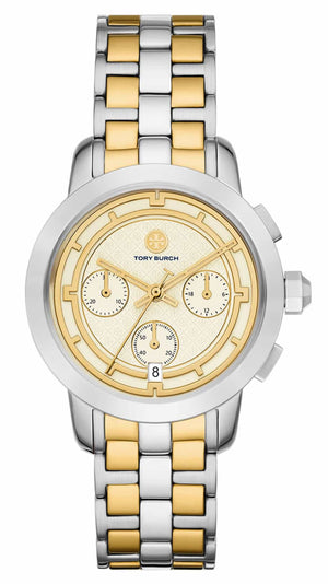 Tory Burch The Tory Chronograph White Dial Two Tone Steel Strap Watch for Women - TBW1052