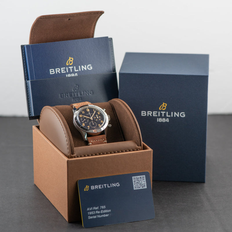 Breitling Avi 1953 Edition Platinum Chronograph Blue Dial Brown Leather Strap Watch for Men - LB0920131C1X1